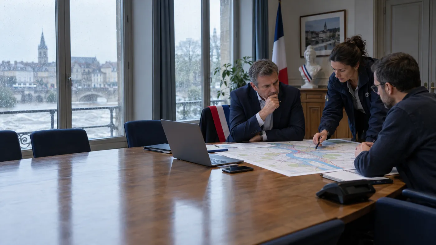 Cellule de crise réunie en mairie autour d'une carte de la commune
